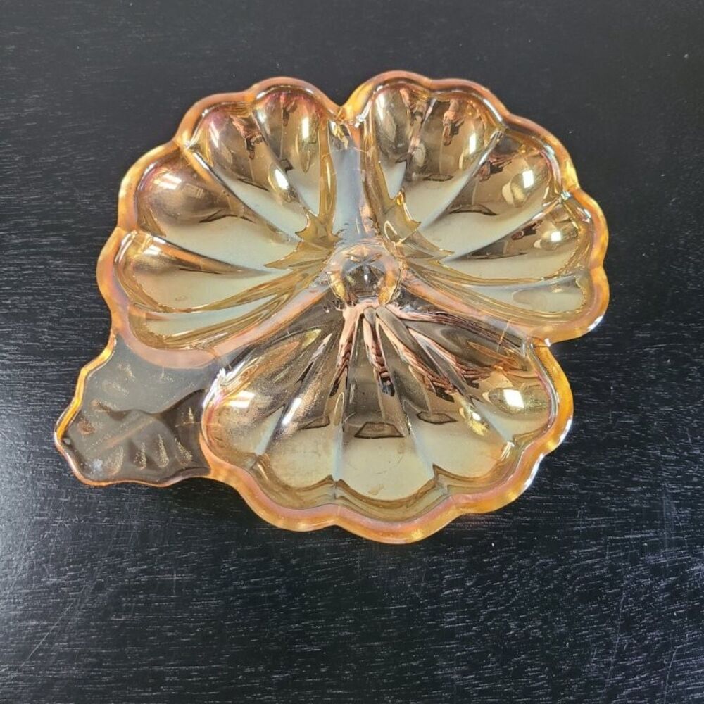 Jeannette Marigold Carnival Glass Dish Iridescent Doric Depression VTG Amber